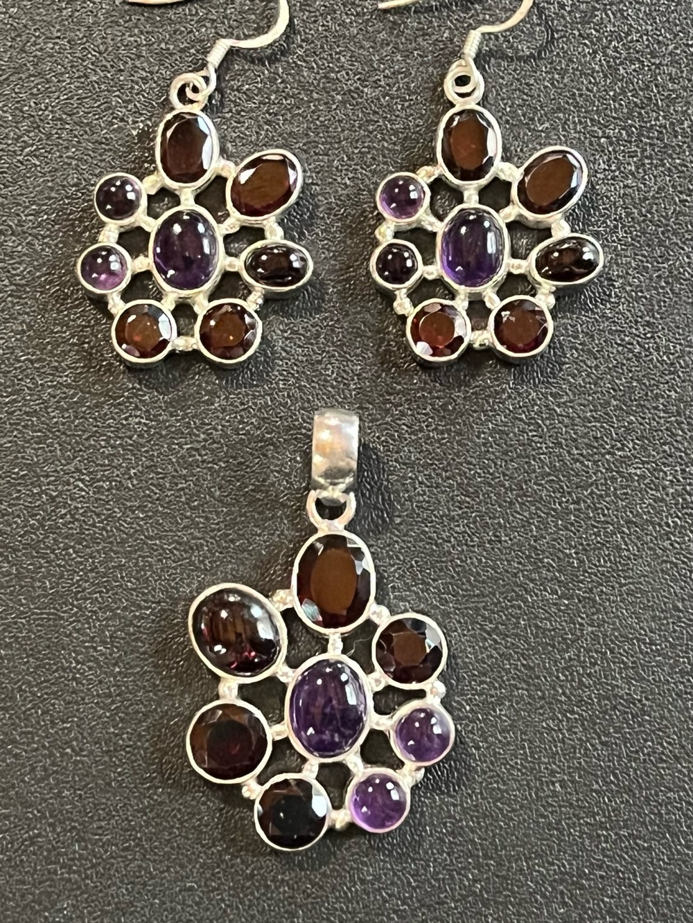 Sterling Silver Amethyst and Garnet Cluster Pendant & Earrings Set. Unique